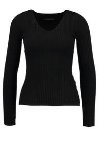 Maglione nero a coste a maniche lunghe con scollo a V e silhouette aderente.