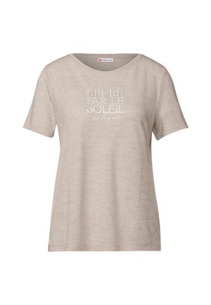 Ljusbeige kortärmad t-shirt i mjukt tyg. Har en rund halsringning och en tryckt textdesign i vitt på framsidan.