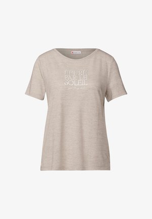 Ljusbeige kortärmad t-shirt i mjukt tyg. Har en rund halsringning och en tryckt textdesign i vitt på framsidan.