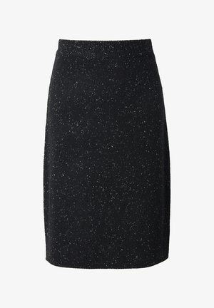 Zwarte gebreide rok met een gestructureerd oppervlak en verspreide witte stippen. Elastische tailleband, rechte silhouet, boven de knie lengte.