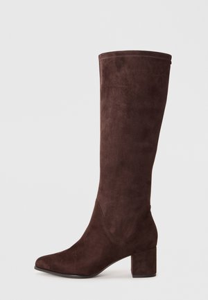Knee-high brown suede boots with a square toe, block heel, and minimal stitching detail. Smooth texture with a solid color finish.