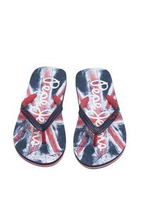 Flip-flopai su audiniu iš viršaus, papuoštu Didžiosios Britanijos vėliavos raštu raudona, balta ir mėlyna spalvomis. Guma iš apačios ir raudonos detalės ant dirželio.