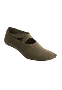 Skarpetki baletowe w oliwkowym kolorze z elastycznym paskiem, teksturowaną powierzchnią i wzmocnionym palcem. Posiadają antypoślizgowe kropeczki na podeszwie.
