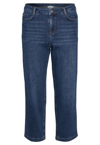 Jeans recortados de mezclilla azul oscura con corte recto, bolsillos frontales, cierre de botón y detalles de costura sutiles a lo largo de la cintura.