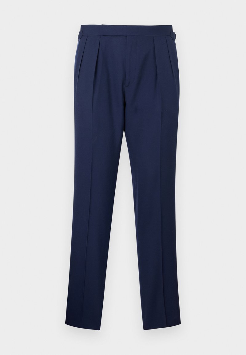 Navy blue tailored trousers with a smooth texture, featuring front pleats, a straight leg design, and belt loops for adjustable fit.