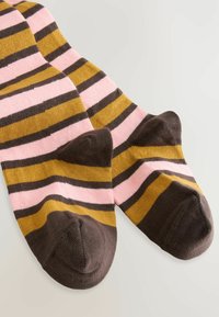 Striped socks featuring alternating bands of pink, brown, and mustard yellow. Brown reinforced toes; soft knit texture.