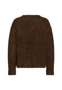 Maglione marrone a trama con colletto rotondo, maniche lunghe e polsi arrotolati. Tessuto morbido e peloso con un colore uniforme, senza motivi o dettagli visibili.