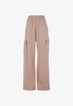Pantaloni cargo cu picioare largi de culoare roz deschis, confecționați dintr-un material moale, având un talie elastică și două buzunare laterale pentru un plus de utilitate.
