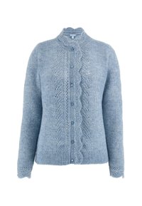 Lichtblauw gebreid cardigan met gegolfde randen, kabelpatronen, knoopsluiting en geribde manchetten en zoom.