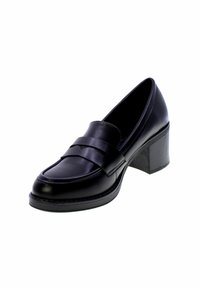 Mocassino in pelle nera con tacco, dotato di una fascia imbottita sulla parte superiore, punta arrotondata e tacco a blocco texture. Finitura liscia e design strutturato.