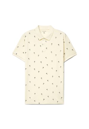 Polo a maniche corte color crema con stampa di piccoli alberi di palma neri su tutta la superficie e apertura con due bottoni al colletto.