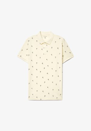 Polo a maniche corte color crema con stampa di piccoli alberi di palma neri su tutta la superficie e apertura con due bottoni al colletto.