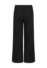 Pantalon noir à jambes larges avec deux poches passepoilées à l'arrière et taille haute, vu de dos sur fond blanc.