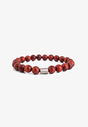 Holzperlenarmband mit glatten, rötlich-braunen Perlen und einem silbernen metallischen Verschluss. Das Design ist kreisförmig und weist keine sichtbaren Muster auf.