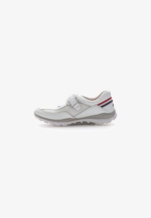 White athletic shoe with mesh and leather upper, Velcro strap, gray sole, and striped accents in red and navy on the heel.