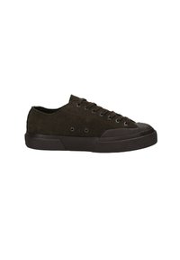 Sneaker a bassa forma in suede marrone scuro con suola in gomma nera, punta testurizzata e lacci.