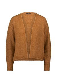 Cardigan couleur rouille en tissu en maille texturée. Comprend un col en V, une ouverture frontale et des manches longues avec poignets et ourlet côtelés.