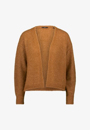 Rostfarbener Cardigan aus strukturiertem Strickstoff. Mit V-Ausschnitt, offenem Vorderteil und langen Ärmeln mit gerippten Bündchen und Saum.