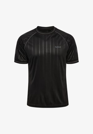 Schwarzes Sportshirt mit kurzen Ärmeln, dezenten vertikalen Streifen, rundem Ausschnitt und "hummel"-Logo auf der Brust.