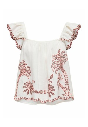 Valge õlgadelt avatud pluus volangkätega, millel on keerukas punane lilleline tikand ja laineline äärise detail.