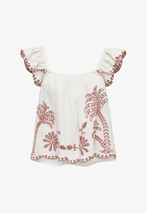 Blusa blanca sin hombros con mangas rizadas, que presenta intrincados bordados florales rojos y detalles con dobladillo en forma de onda.
