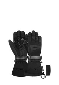 Schwarze Winterhandschuhe mit strukturiertem Griff, verstärkten Handflächen und einem verstellbaren, sicheren Riemen. Sie verfügen über ein weiches Innenfutter und wasserdichtes Material.