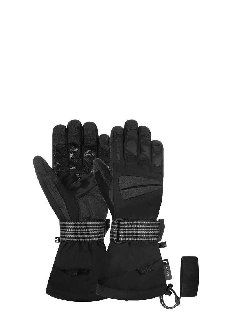 Schwarze Winterhandschuhe mit strukturiertem Griff, verstärkten Handflächen und einem verstellbaren, sicheren Riemen. Sie verfügen über ein weiches Innenfutter und wasserdichtes Material.