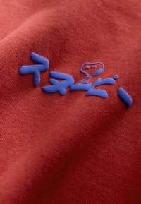 Roter Stoff mit erhabenen blauen japanischen Zeichen und einer kleinen Cartoon-Hundeillustration, die auf der Oberfläche gestickt ist.