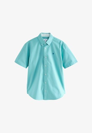 Kurzarm-Hemd aus hellblauem Baumwollstoff mit einem Palmenlogo in Navy und einem gemusterten Innenkragen. Klassische Form und Design.