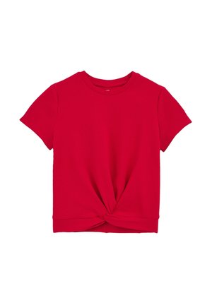 Czerwony krótki sweter z prążkowanego dzianego materiału z okrągłym dekoltem i przednim węzłem na dole.