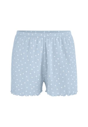 Hellblaue Shorts mit kleinen weißen Blumenmustern, elastischem Bund und gezackten Saumkanten.