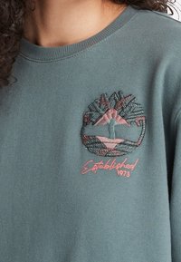 Felpa verde con scollo a girocollo, caratterizzata da un logo di un albero ricamato in fili multicolori e dalla parola "Established" con l'anno 1973.