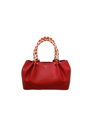 Borsa a mano rossa in pelle con manico intrecciato in crema e rosso. Presenta delicate pieghe nella parte superiore e un dettaglio del logo dorato.