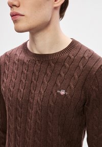 Καφέ πλεκτό πουλόβερ με καλωδιωτές σχεδίες, στρογγυλή ριμπ λαιμόκοψη και μικρό λογότυπο στο στήθος. Η υφή φαίνεται παχιά και άνετη.