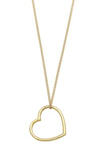 Guldtonet halskæde med en hjertevedhæng i åben design, fastgjort til en snoet kæde, glat tekstur og en poleret overflade.