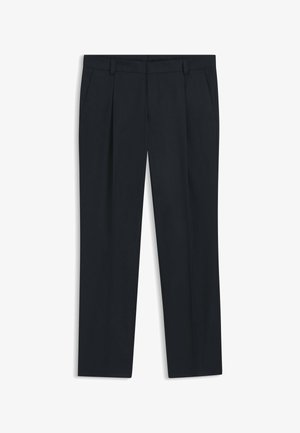 Marineblauwe, op maat gemaakte pantalon met plooien aan de voorkant, zijzakken, riemlussen en een rechte broekspijp.