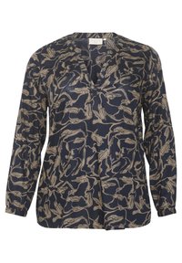 Navy blouse met lange mouwen, voorzien van een beige abstract bloemenpatroon, diepe V-halslijn en een relaxte pasvorm. Gemaakt van lichtgewicht stof.