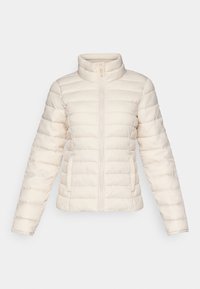 Puff jacket in zacht beige, met horizontaal gestikte segmenten, een hoge kraag en een voorzijde rits. Inclusief zijzakken.