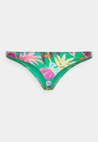Parte de baixo de biquíni verde com um padrão de folhas tropicais em rosa, amarelo e azul. O tecido é suave e com uma cintura elástica fina.