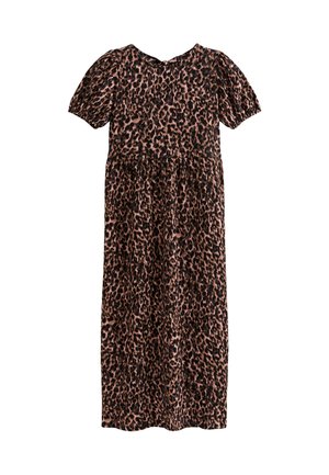 New Look CRINKLE TEXTURE LEOPARD PRINT BOW BACK MIDI - Robe de jour - brown pattern