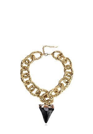 Chunky twisted gold chain necklace with a black arrowhead-shaped pendant featuring copper and stone accents.
