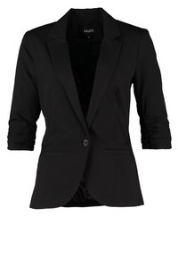Blazer noir ajusté avec manches trois-quarts froncées, fermeture à un bouton, revers crantés et deux poches passepoilées à l'avant.