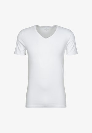 Ein schlichtes weißes V-Ausschnitt-T-Shirt mit kurzen Ärmeln, frontseitig auf neutralem Hintergrund präsentiert.