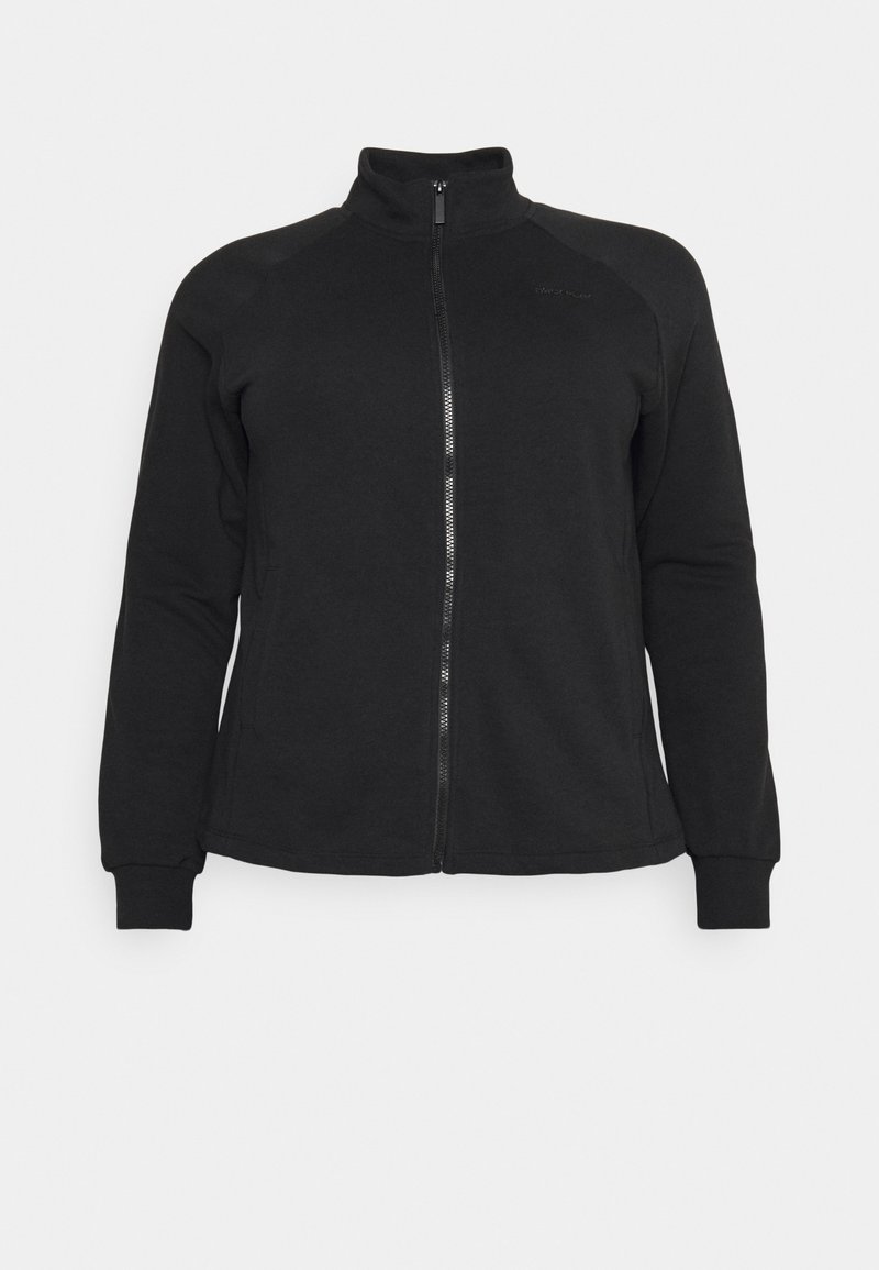 Giacca in pile nera con zip, colletto alto, maniche lunghe e tasche laterali; realizzata in tessuto morbido e testurizzato; presenta un dettagli discreto del logo.
