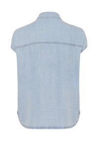 Camicia in denim azzurro chiaro a maniche corte con colletto, caratterizzata da un taglio dritto e un orlo arcuato. Dettaglio di cucitura sottile sulla parte posteriore.