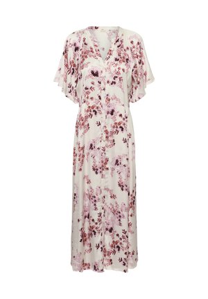 Robe midi blanche avec imprimé floral rose et rouge, manches courtes volantées, encolure en V et fermeture boutonnée sur le devant.