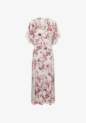 Robe midi blanche avec imprimé floral rose et rouge, manches courtes volantées, encolure en V et fermeture boutonnée sur le devant.
