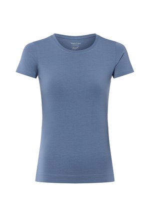 Plain blue short-sleeve crew neck t-shirt with a slim fit and no visible patterns or logos on a white background.