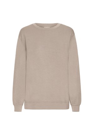Sweatshirt beige à manches longues en tissu doux, avec un col rond, des poignets et un ourlet côtelés, au design simple et minimaliste.