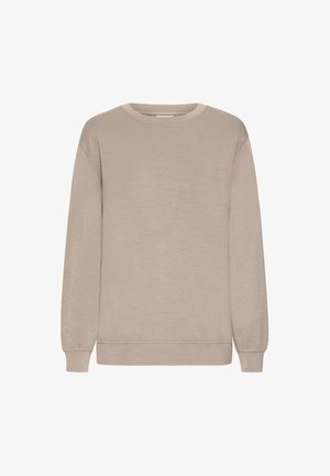 Beige long-sleeve sweatshirt made of soft fabric, featuring a round neckline, ribbed cuffs, and hem, with a simple, minimal design.